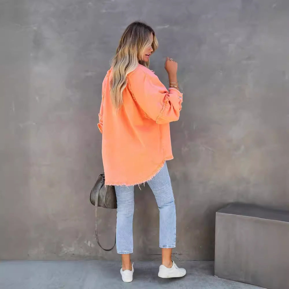 Damen Lässige und stylische Jeansbluse mit Fransen Heidi-Mode
