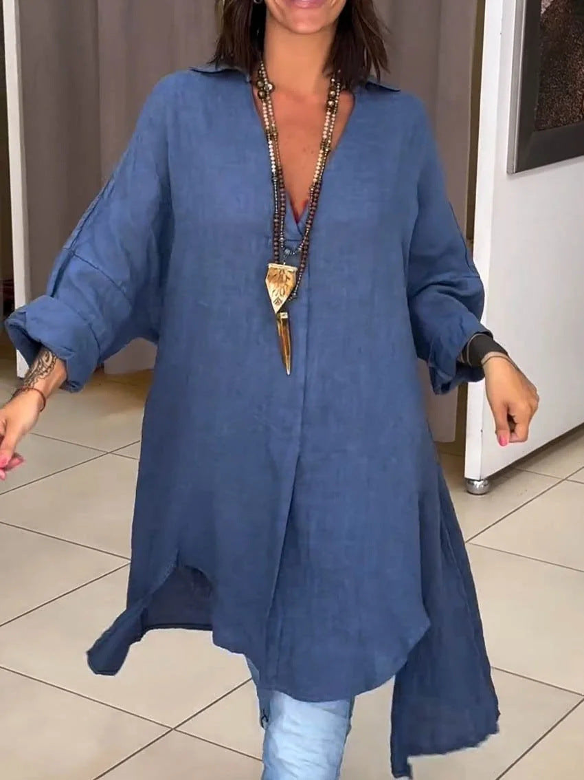 Damen Lässige Leinenbluse mit durchgehender Knopfleiste und umschlagbaren Ärmeln Heidi-Mode