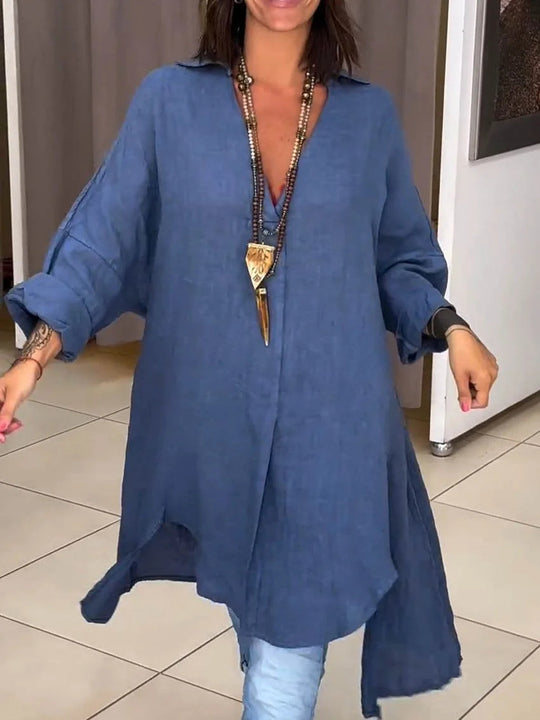 Damen Lässige Leinenbluse mit durchgehender Knopfleiste und umschlagbaren Ärmeln Heidi-Mode