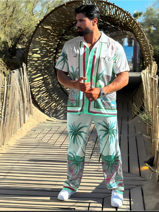 Herren Strandhemd und Hose im tropischen Palmen-Design mit kurzärmligem Schnitt Heidi-Mode