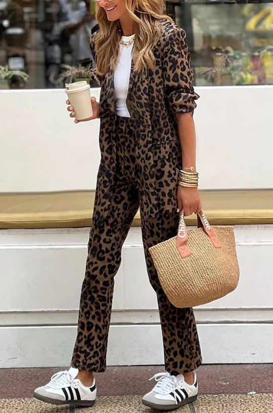 Damen elegantes Leinenanzug-Set im Leopardenmuster mit tailliertem Blazer und geraden Hose Heidi-Mode