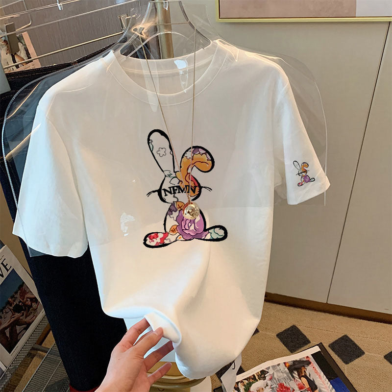 Damen T-Shirt mit verspieltem Hasenmotiv und edlem Blumendruck Heidi-Mode