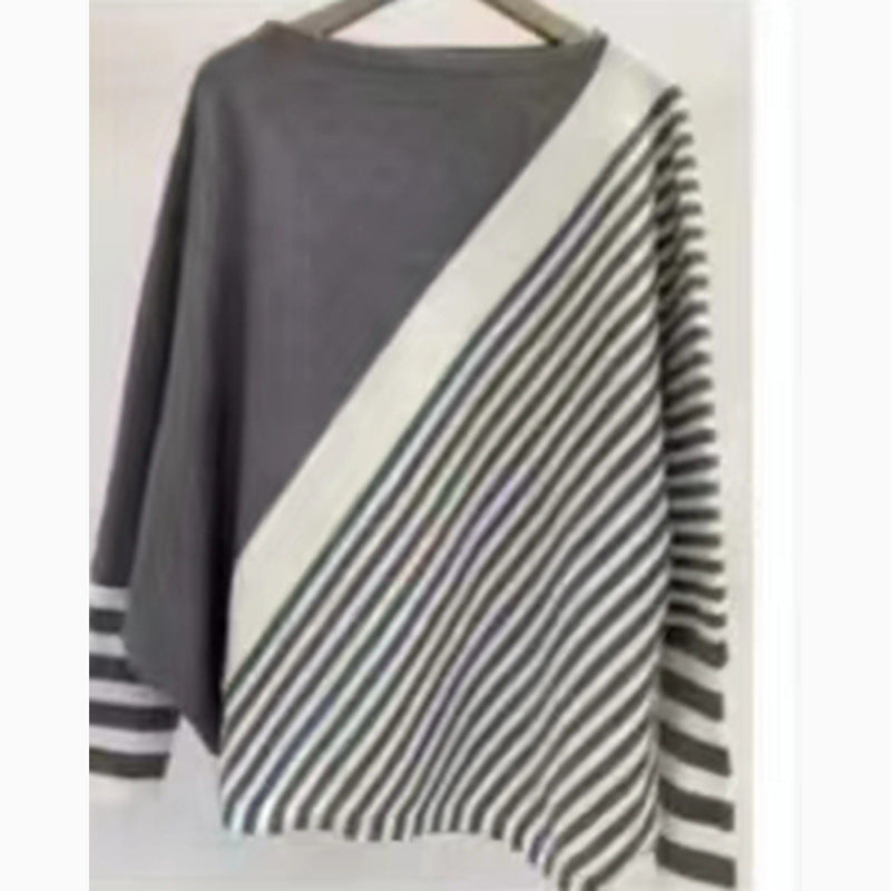 Damen modischer Strickpullover mit asymmetrischem Schnitt und grafischem Streifenmuster Heidi-Mode
