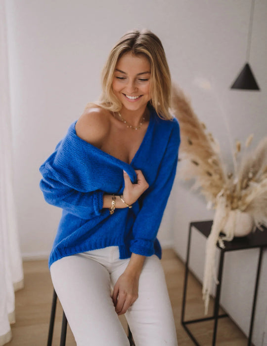 Damen lässiger Pullover mit offener Schulter und weichem Strickmuster Heidi-Mode