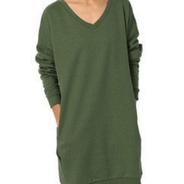 Damen Sweatshirt-Kleid mit V-Ausschnitt und praktischem Taschen-Design Heidi-Mode