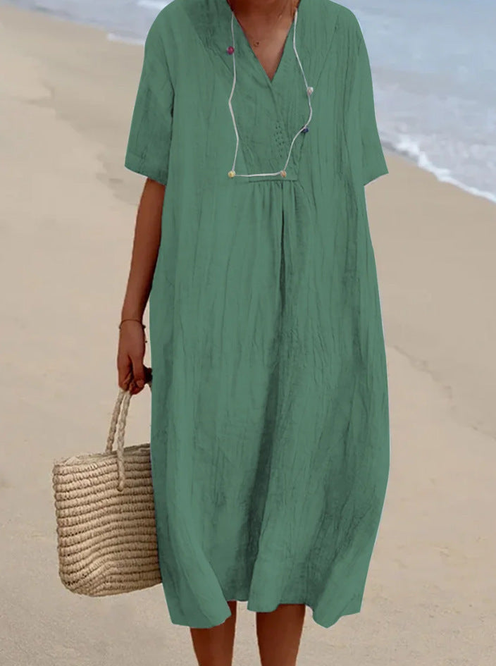 Damen lässiges Midi-Kleid mit V-Ausschnitt und bequemen Kurzärmeln Heidi-Mode