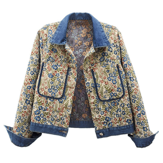 Damen Blumenmuster Denimjacke mit aufgesetzten Taschen und Kragen Heidi-Mode
