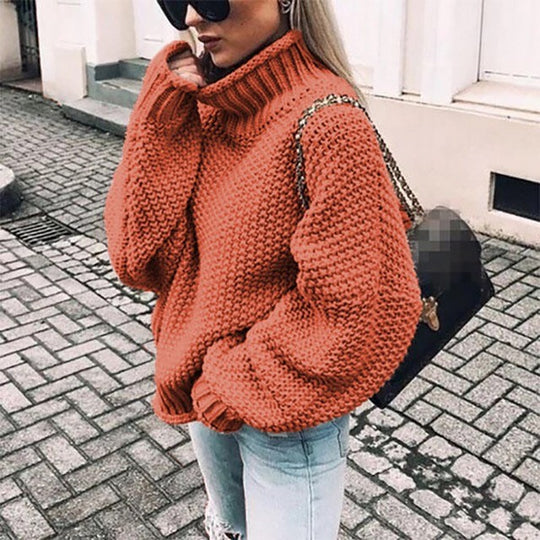 Damen Grobstrick Pullover mit Stehkragen und voluminösen Ärmeln Heidi-Mode
