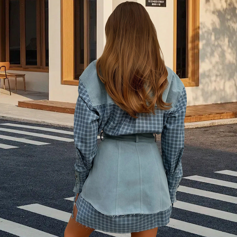 Damen Karo Hemdbluse mit Jeansrock und artisanalem Schnitt Heidi-Mode