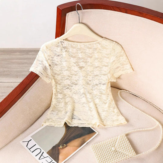 Damen Spitze Oberteil mit V-Ausschnitt und gerafftem Design Heidi-Mode