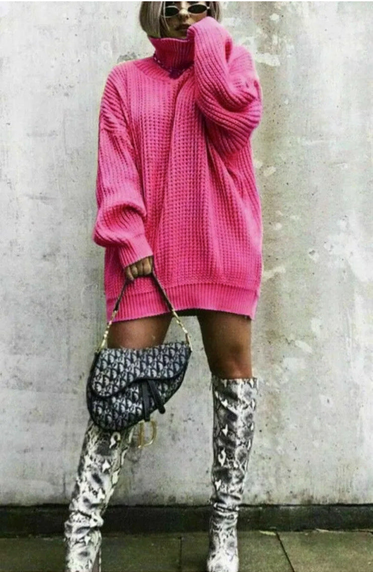 Damen Oversized Strickpullover mit hohem Kragen und Waffelmuster Heidi-Mode