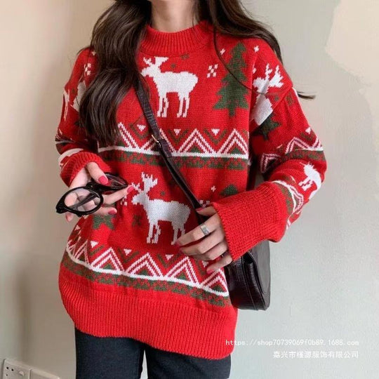 Damen Grobstrickpullover mit festlichem Rentier-Motiv und Rundhalsausschnitt Heidi-Mode