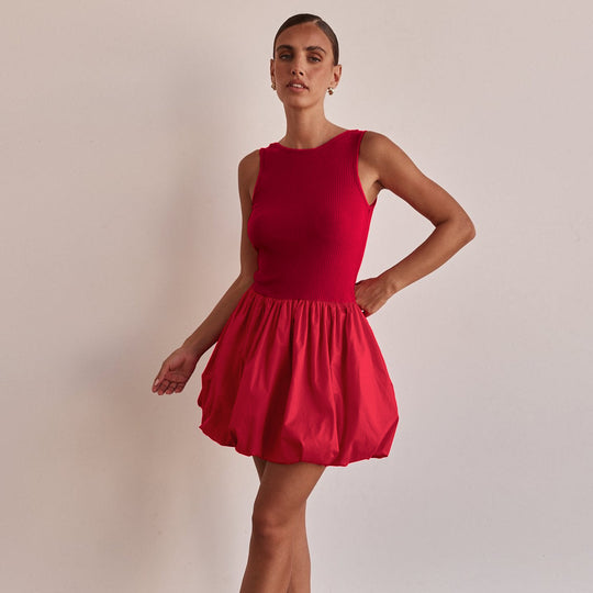 Damen trendiges Ballonkleid mit körperbetontem Oberteil und fließendem Rock Heidi-Mode