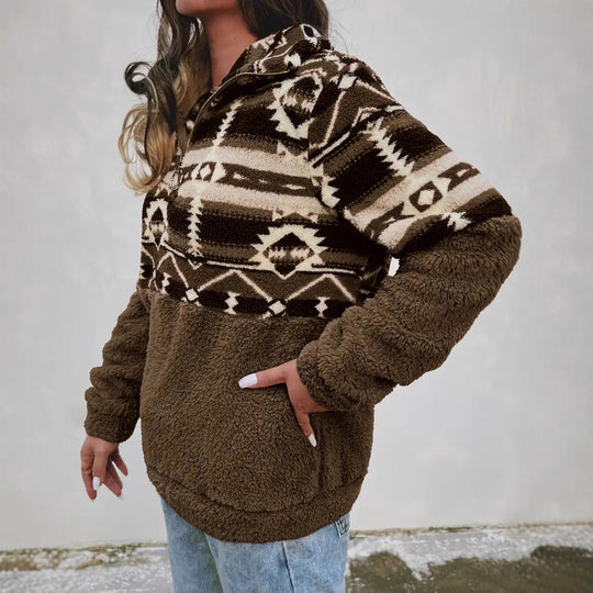 Damen Fleece-Pullover mit modernem Aztekenmuster und Stehkragen Heidi-Mode