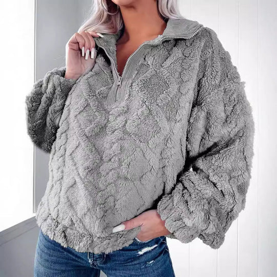 Damen Kuscheliger Fleece-Pullover mit hohem Kragen und Halb-Reißverschluss Heidi-Mode
