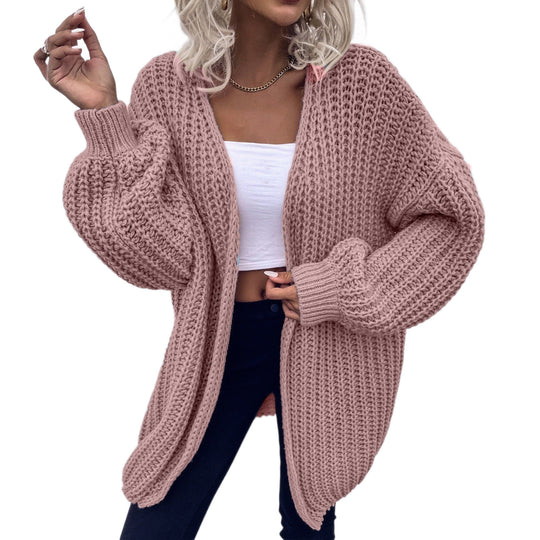 Damen lässiger Grobstrick-Cardigan mit tiefen Taschen und voluminösen Ärmeln Heidi-Mode