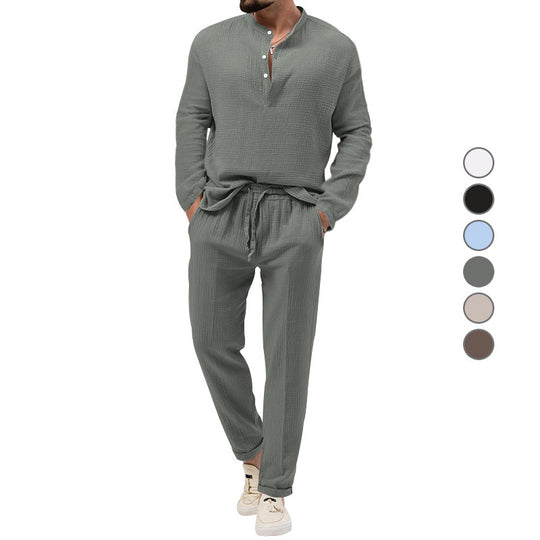 Herren Freizeit-Set aus atmungsaktivem Material mit Knopfleiste und elastischem Bund Heidi-Mode