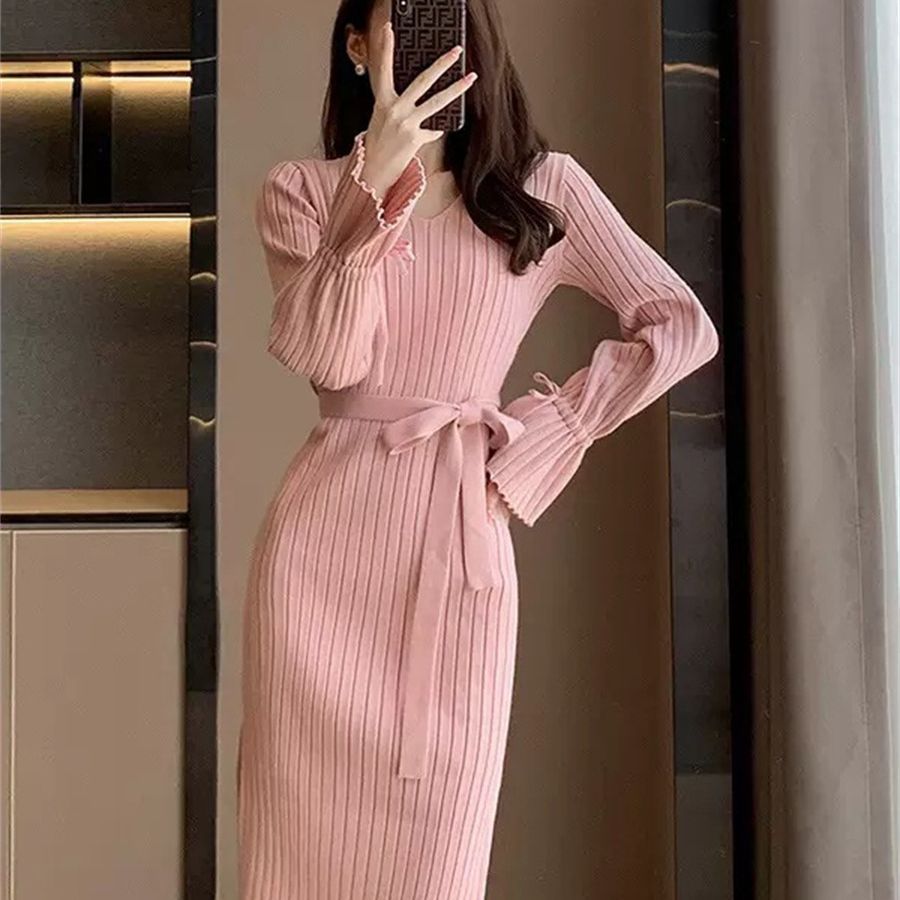 Damen Figurbetontes Maxikleid mit Bindegürtel und Rippstruktur Heidi-Mode