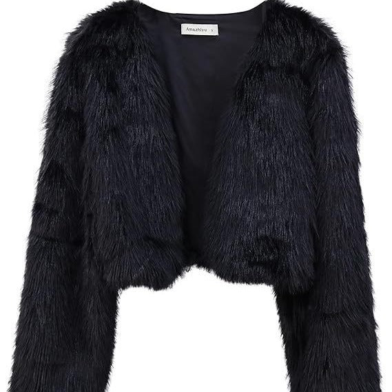 Damen Kurze glamouröse Kunstfelljacke mit lockeren Ärmeln Heidi-Mode