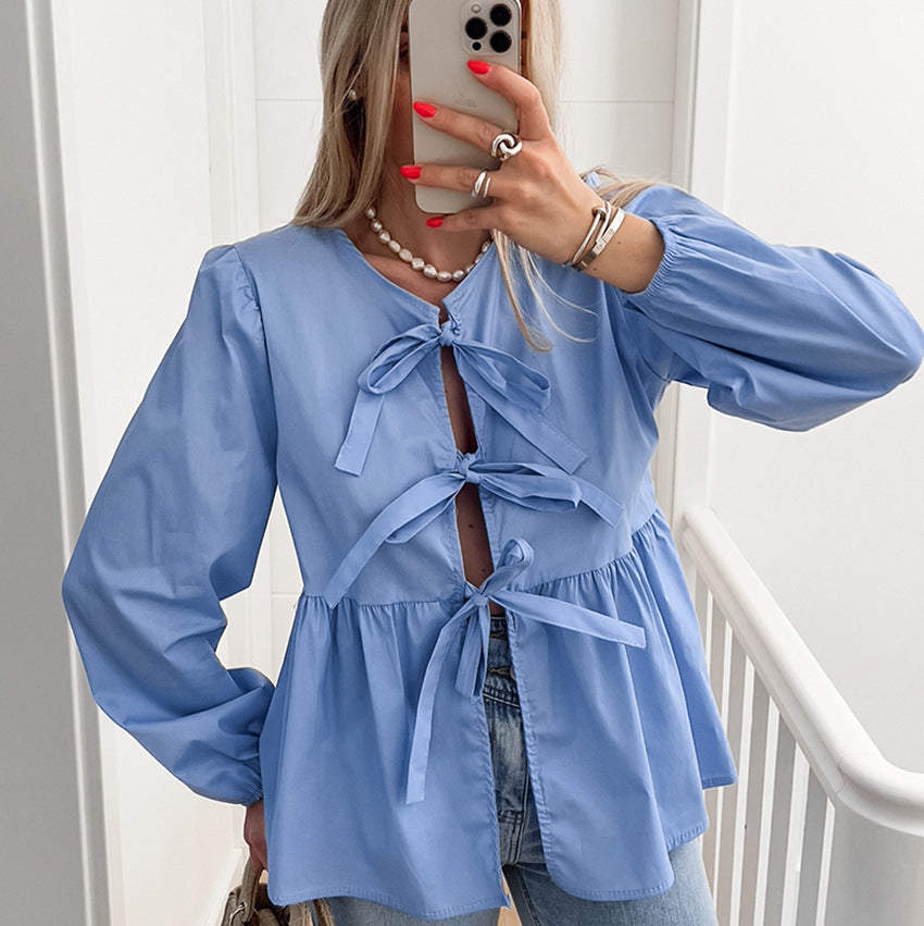 Damen Bluse mit Raffungen und dekorativen Schleifen Heidi-Mode