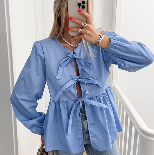 Damen Bluse mit Raffungen und dekorativen Schleifen Heidi-Mode