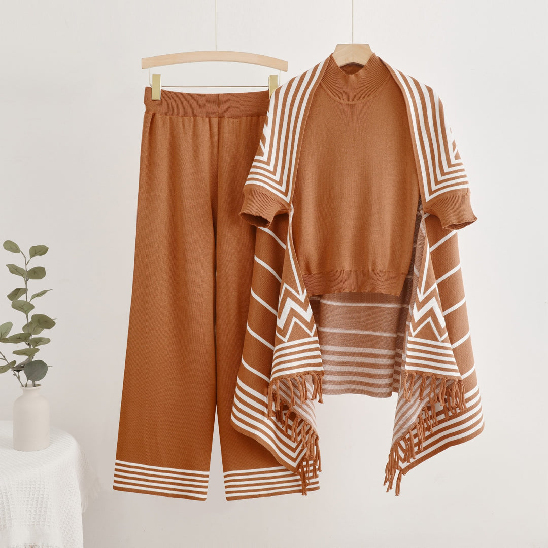 Damen elegantes Strick-Kombinationsset mit hochgeschlossenem Oberteil und weiten Hosen Heidi-Mode