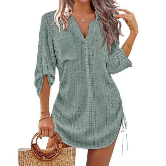 Damen lässiges Langarmshirt mit V-Ausschnitt und Seitenschlitzen Heidi-Mode