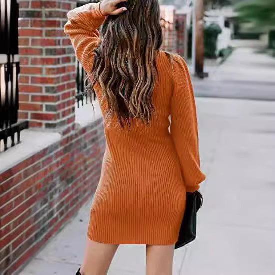 Damen Strickkleid mit hohem Kragen und Puffärmeln Heidi-Mode