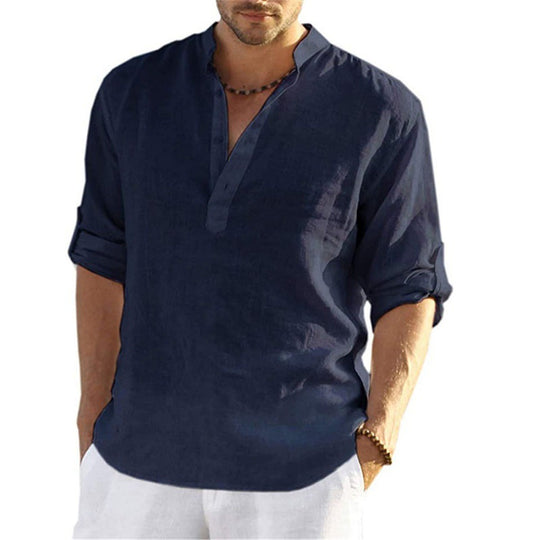 Herren Leichtes Kurzarmhemd mit Henley-Ausschnitt und umschlagbaren Ärmeln Heidi-Mode