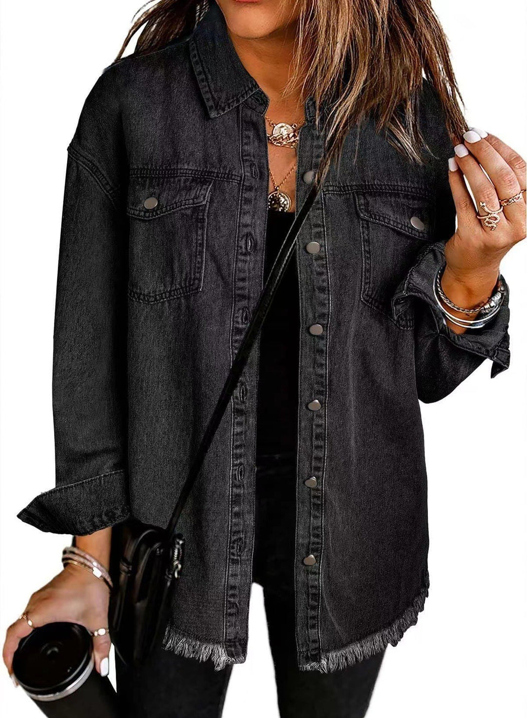 Damen Denim Overshirt mit fransigem Saum und Brusttaschen Heidi-Mode