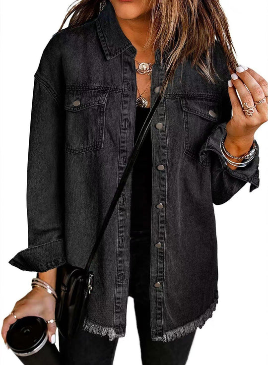 Damen Denim Overshirt mit fransigem Saum und Brusttaschen Heidi-Mode