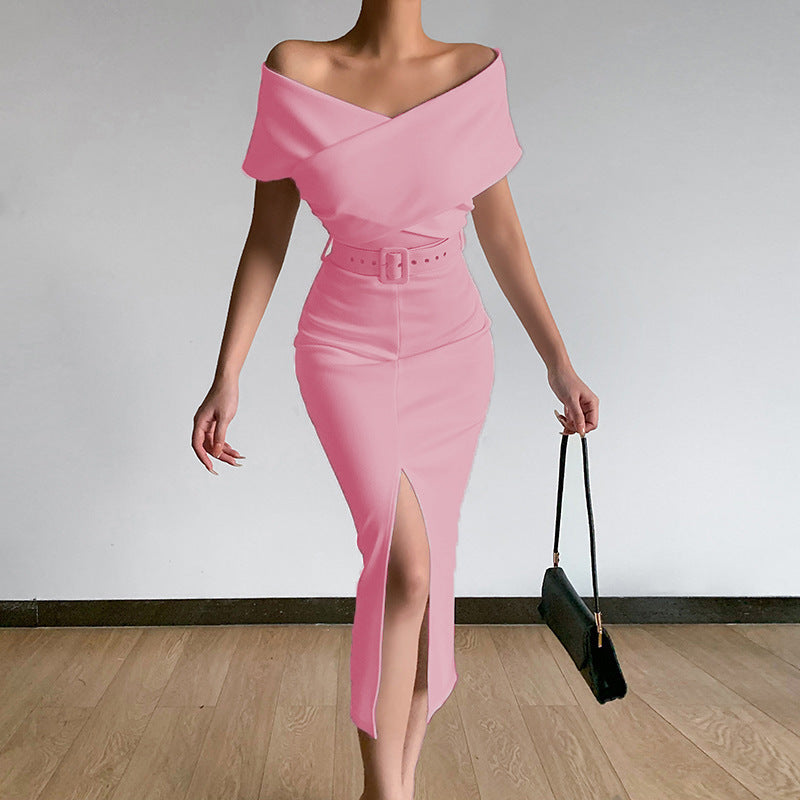 Damen Etuikleid mit schulterfreiem Design und hohem Schlitz Heidi-Mode
