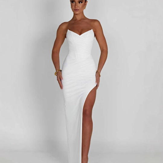 Damen Elegantes Wickelkleid mit schulterfreiem Design und hohem Schlitz Heidi-Mode