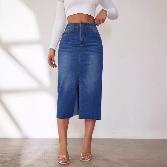 Damen Jeansrock mit hoher Taille und seitlichem Schlitz Heidi-Mode