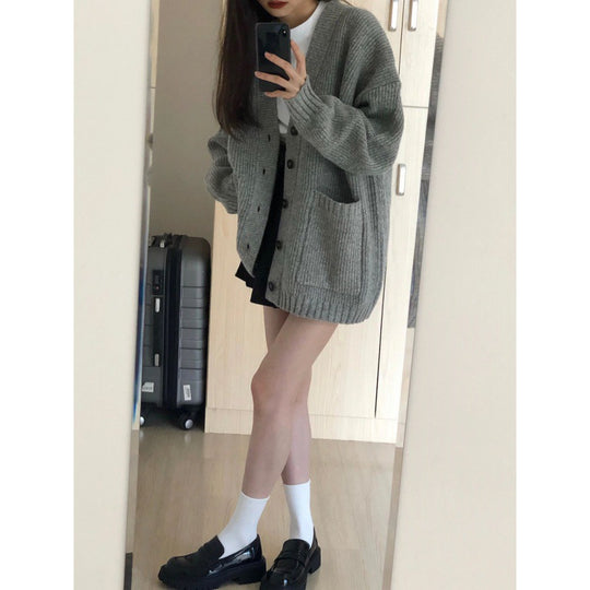 Damen Grobstrick Cardigan mit Taschen und tiefem V-Ausschnitt Heidi-Mode