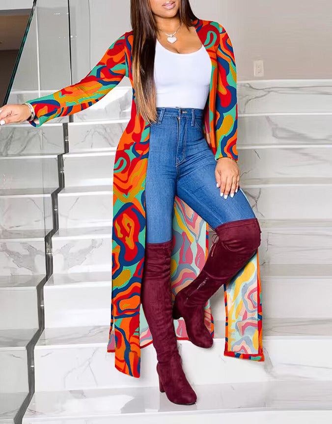 Damen Lange Strickjacke mit modernem grafischem Muster Heidi-Mode