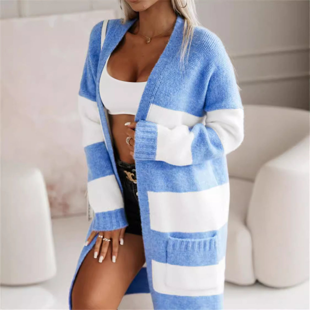 Damen lässiger Strickmantel mit großen Streifen Heidi-Mode