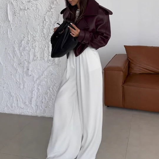 Damen Kunstlederjacke im modischen Biker-Stil mit breitem Revers Heidi-Mode