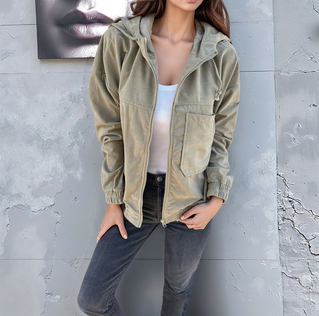Damen lässige Cordjacke mit Reißverschluss und praktischen Taschen Heidi-Mode