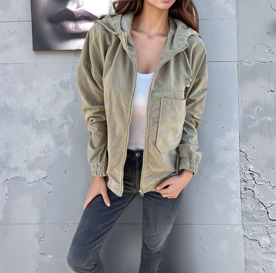 Damen lässige Cordjacke mit Reißverschluss und praktischen Taschen Heidi-Mode