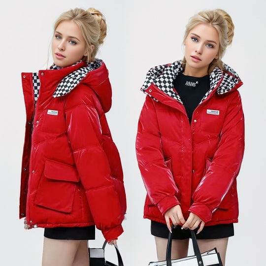 Damen modische glänzende Steppjacke mit hochschließendem Kragen und praktischen Taschen Heidi-Mode