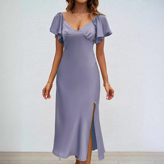Damen Maxikleid mit eleganten Puffärmeln und seitlichem Schlitz Heidi-Mode