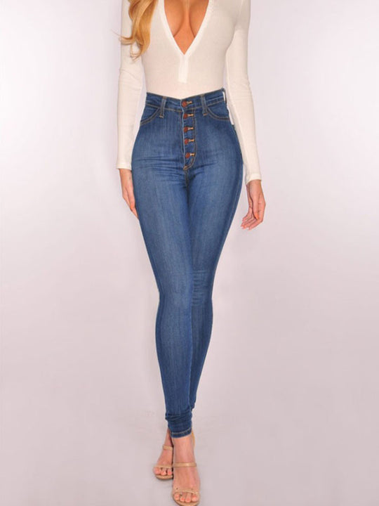 Damen High-Waist Skinny-Jeans mit Knopfdesign und figurbetontem Schnitt Heidi-Mode