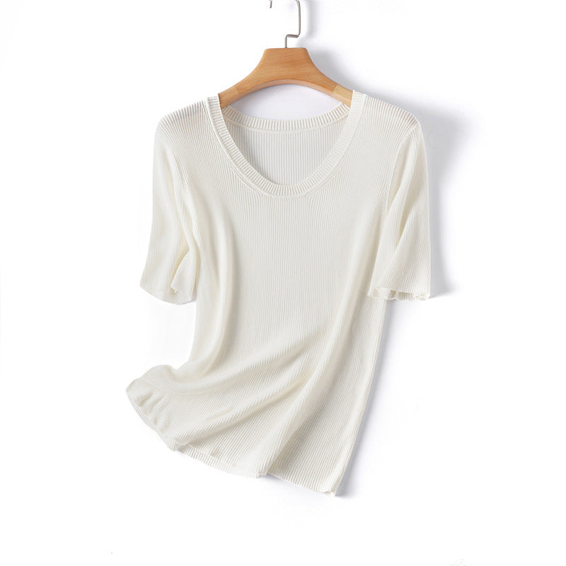 Femme Rippstrick Kurzarm V-Ausschnitt Top Heidi-Mode