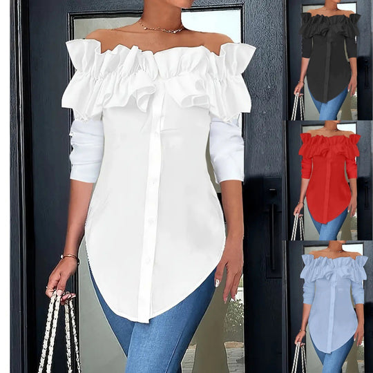 Damen Off-Shoulder Bluse mit Rüschen und Knopfleiste Heidi-Mode