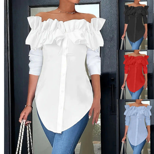 Damen Off-Shoulder Bluse mit Rüschen und Knopfleiste Heidi-Mode