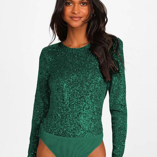 Damen Funktionsreicher Pailletten-Bodysuit mit langem Arm Heidi-Mode