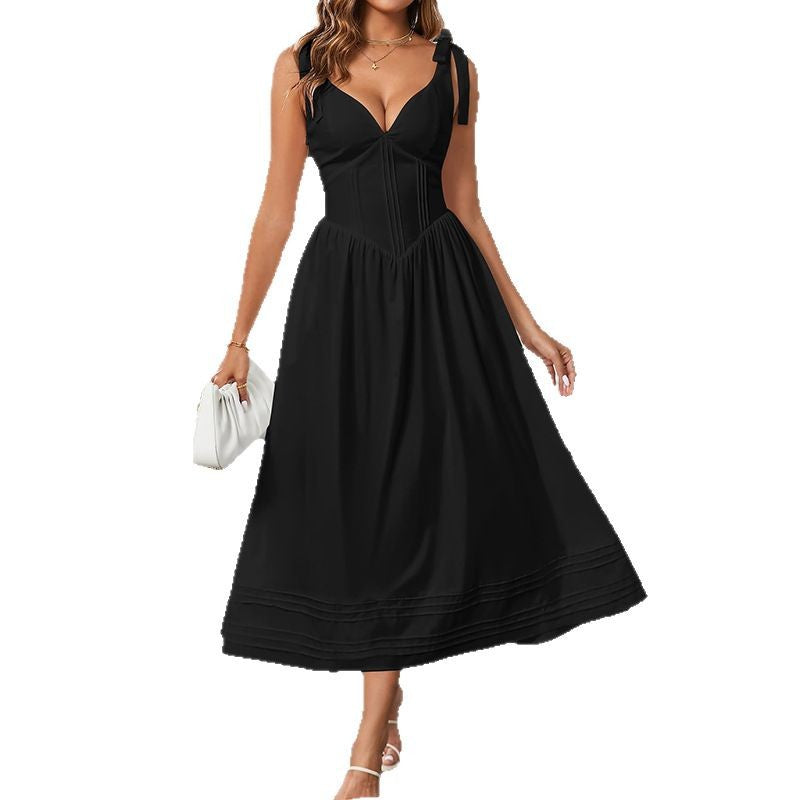 Damen Maxi-Kleid mit V-Ausschnitt und eleganten Spagettiträgern Heidi-Mode