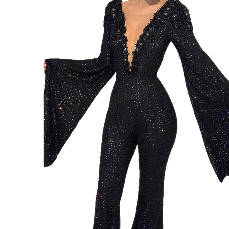 Damen Glamouröses Jumpsuit mit schimmernden Pailletten und weiten Ärmeln Heidi-Mode