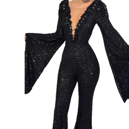 Damen Glamouröses Jumpsuit mit schimmernden Pailletten und weiten Ärmeln Heidi-Mode